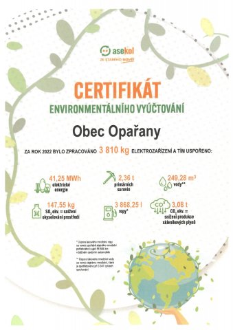 ASEKOL - Certifikát environmentálního vyúčtování obce Opařany za rok 2022