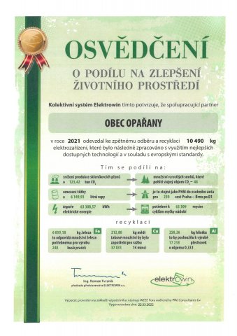 Osvědčení o podílu na zlepšení životního prostředí KS ELEKTROWIN za rok 2021