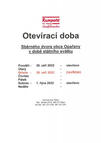 Provoz sběrného dvora Opařany v době státního svátku - září 2022