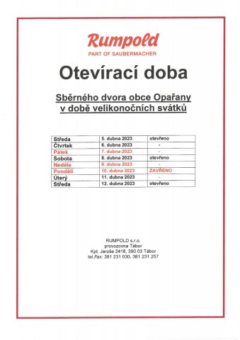 Sběrný dvůr Opařany - otevírací doba v době velikonočních svátků